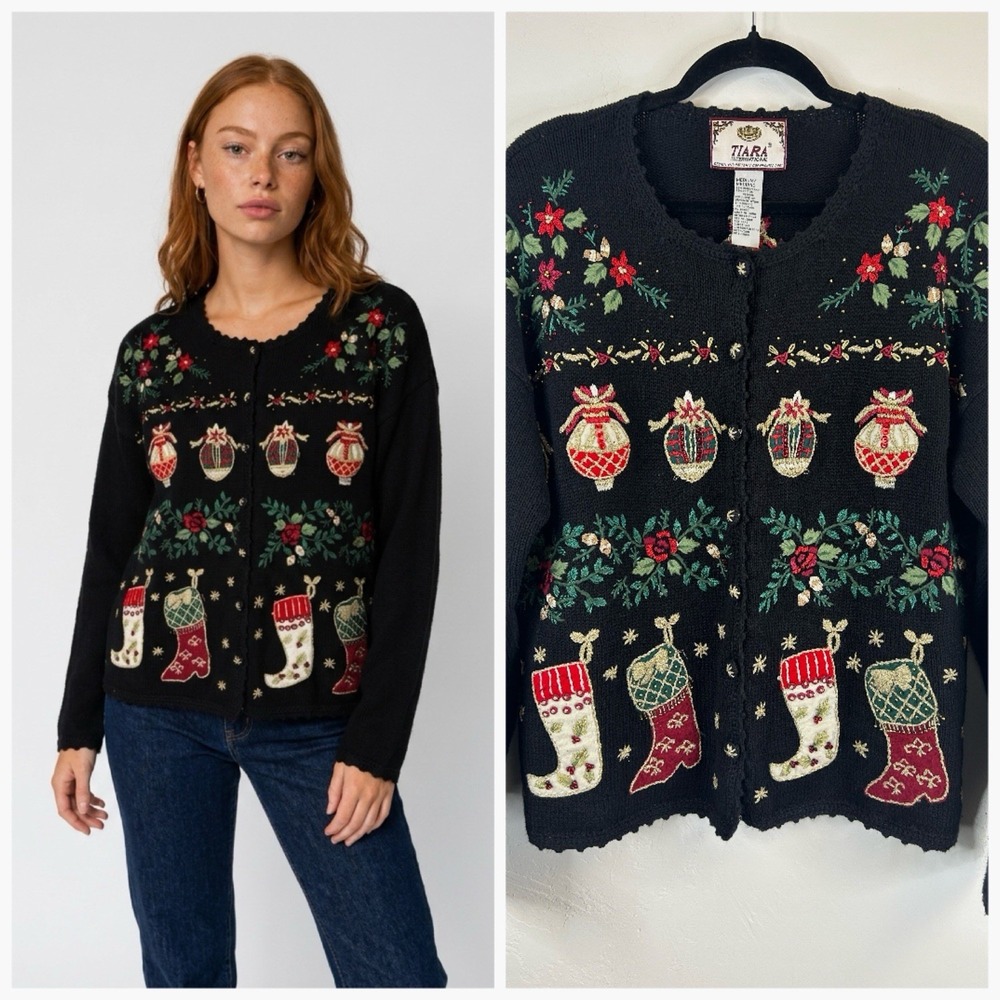 Vintage Embroidered Holiday Christmas Cardigan Sweater Size M Floral Button Up